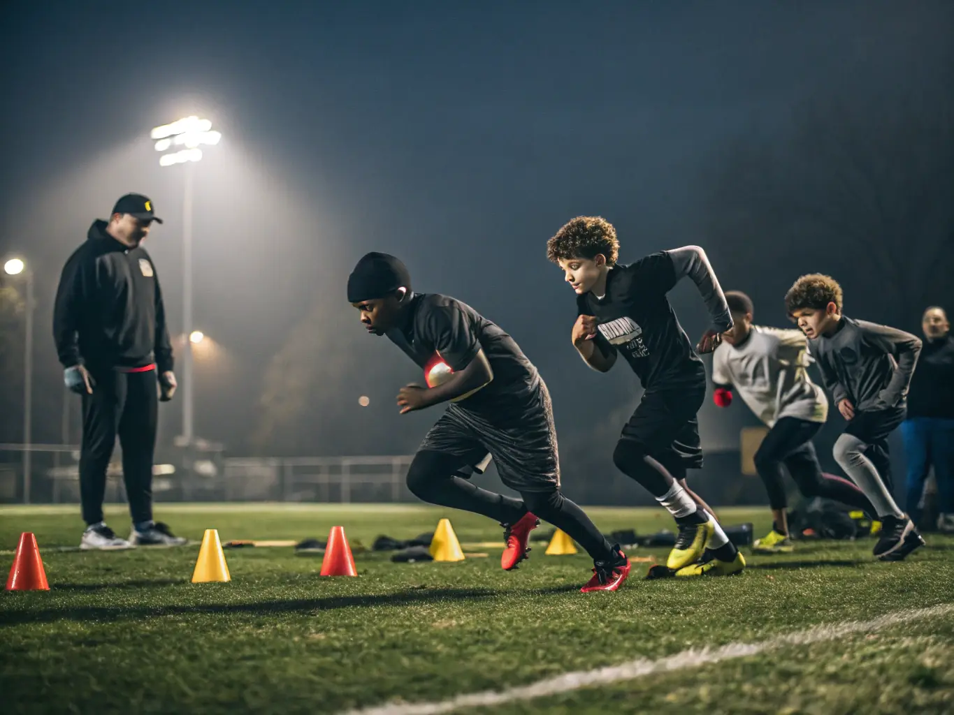 An action shot of a youth football team in UNION SPORTIVE TOUCYCOISE participating in a local match, showcasing teamwork and sportsmanship.