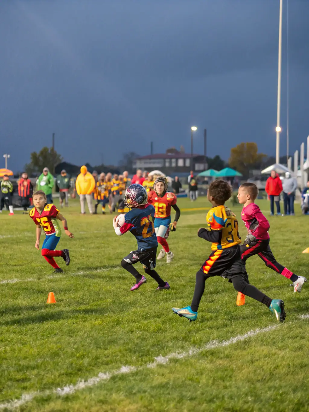 A dynamic shot of a youth football team in action during a local tournament, showcasing their skills and teamwork.