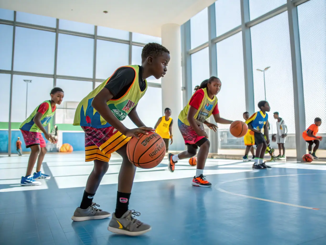 A dynamic image of basketball players in UNION SPORTIVE TOUCYCOISE practicing drills in a gymnasium, emphasizing agility and coordination.