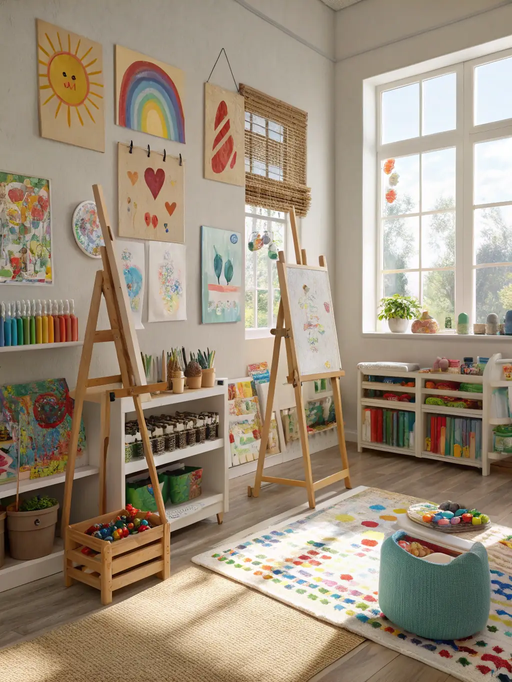 A photograph showing children participating in a colorful painting session, with easels and various art supplies scattered around, emphasizing the fun and engaging atmosphere.