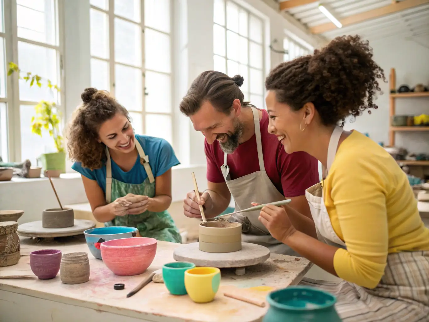 A photograph capturing a sculpture workshop in progress, with participants working on clay models and receiving guidance from an instructor, highlighting the hands-on learning experience.