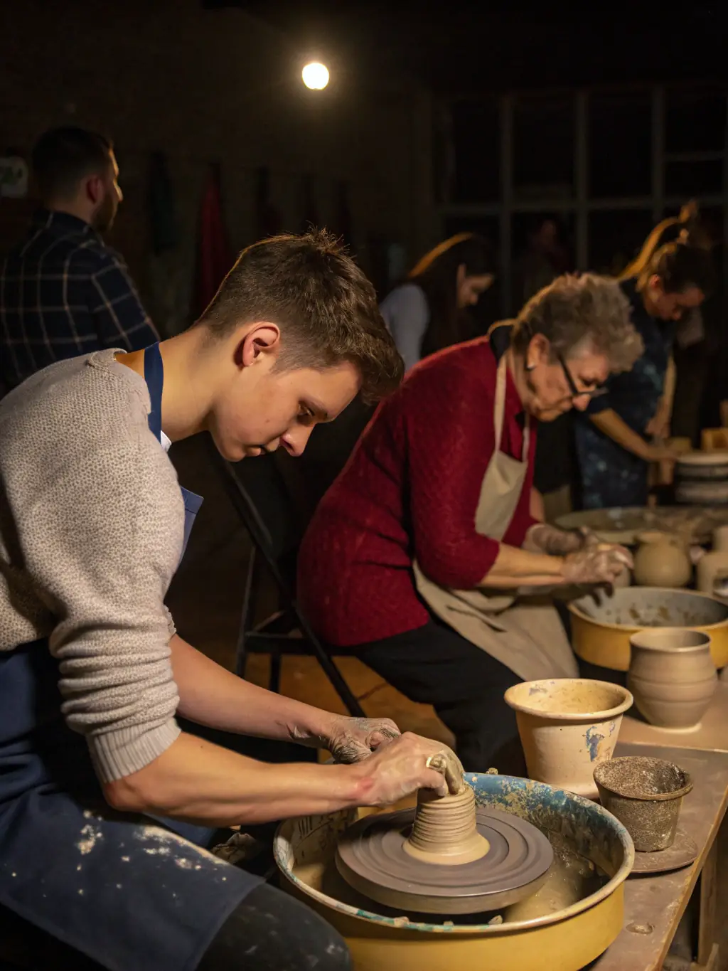 A photograph of a group of adults engaged in a sculpture workshop, using various tools and materials to create three-dimensional art pieces, showcasing the diverse range of artistic expression.