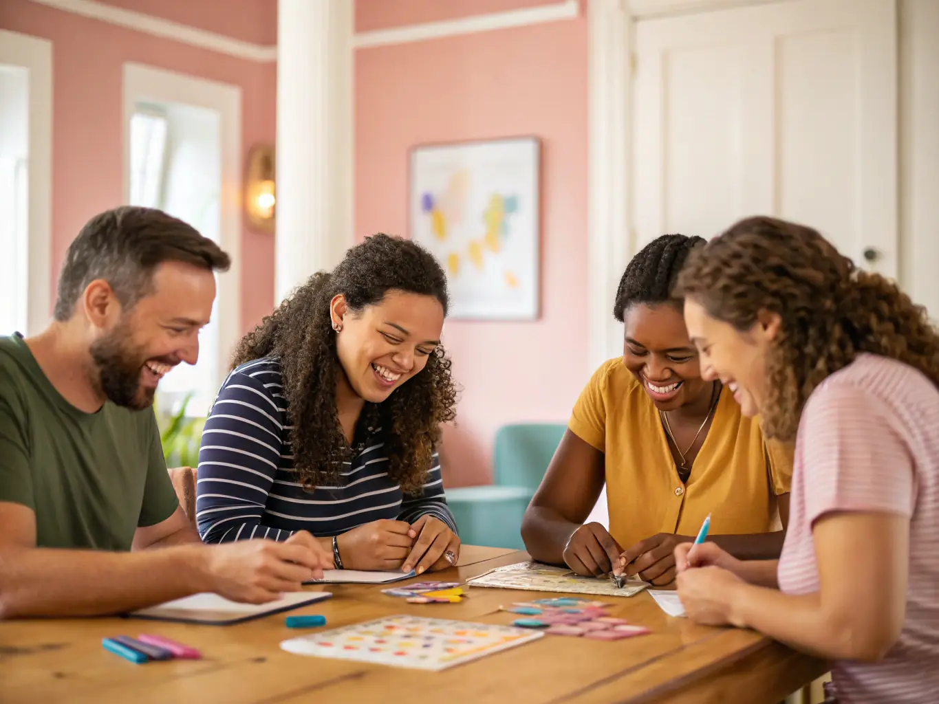 A group of participants collaborating on a large-scale craft project, showcasing the collaborative and community-focused aspect of Les Ateliers de Fanny's programs.