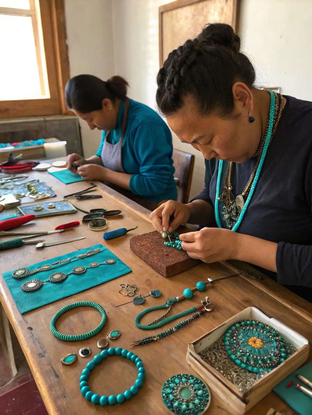 A photograph of participants learning jewelry making, focusing on intricate beadwork and metalwork, highlighting the detailed craftsmanship involved.