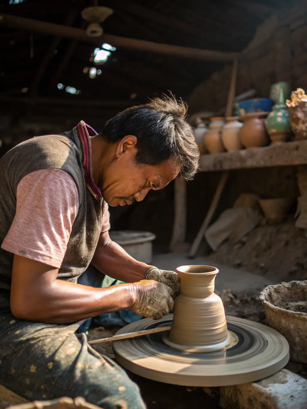 A photograph capturing a pottery class in progress, with participants shaping clay on spinning wheels, showcasing the hands-on nature of the workshop.