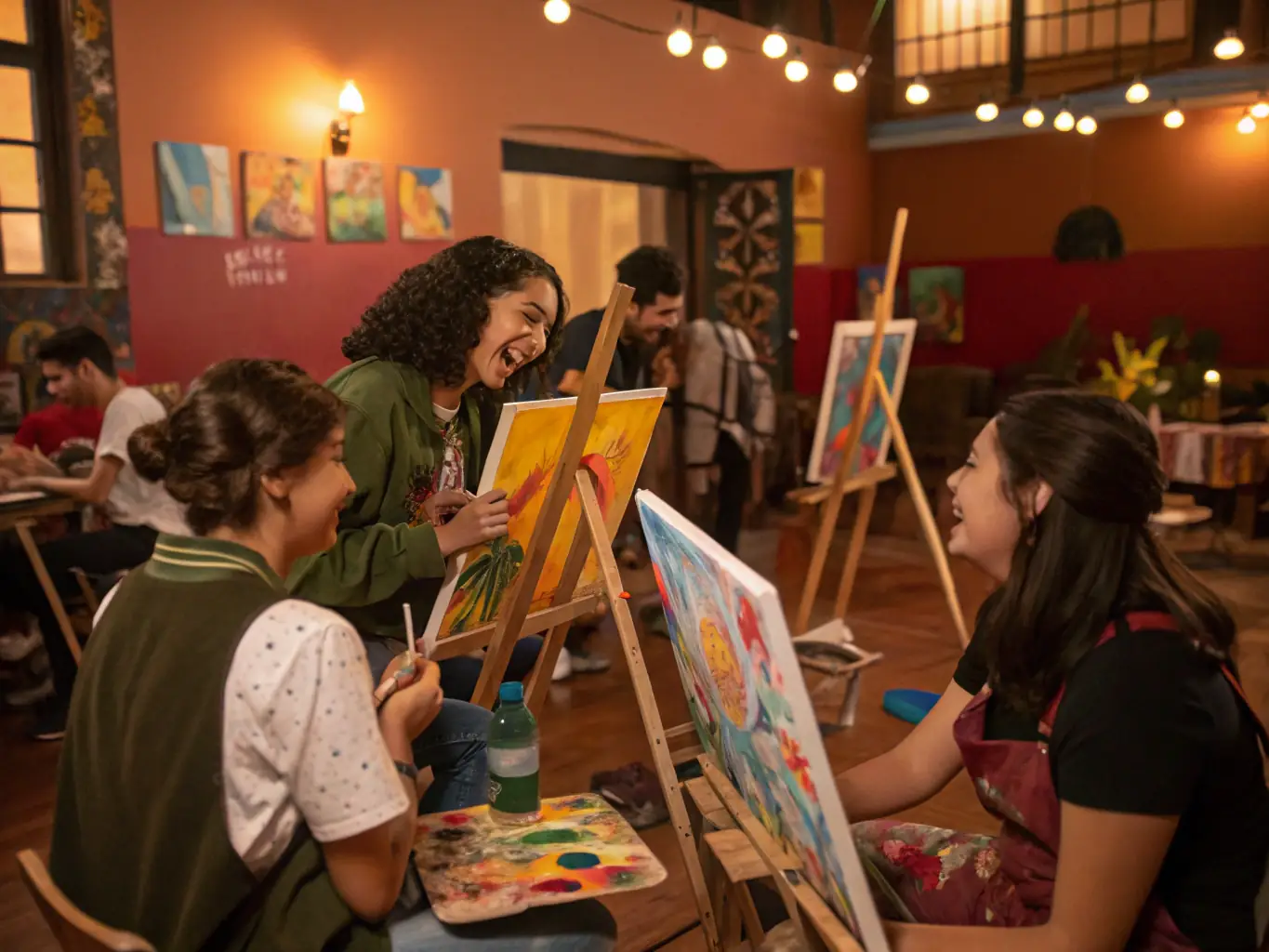 A vibrant image showing participants of all ages engaged in a painting workshop, with colorful artworks displayed in the background, reflecting the inclusive and creative atmosphere of Les Ateliers de Fanny.