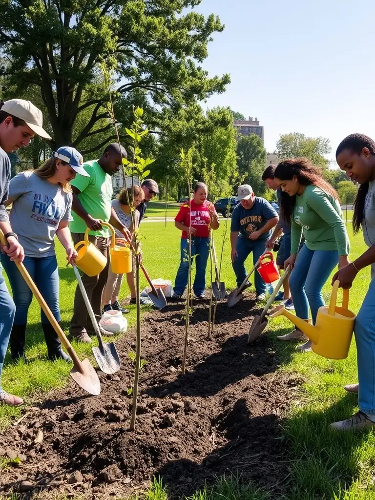 Volunteers working together in the Arboretum des Culands, planting new Ilex specimens and maintaining the gardens, demonstrating community involvement and conservation efforts.