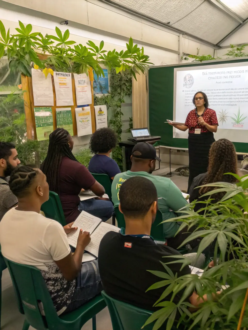 A photo of attendees at a lecture about Ilex varieties, held in a classroom setting at the Arboretum des Culands.