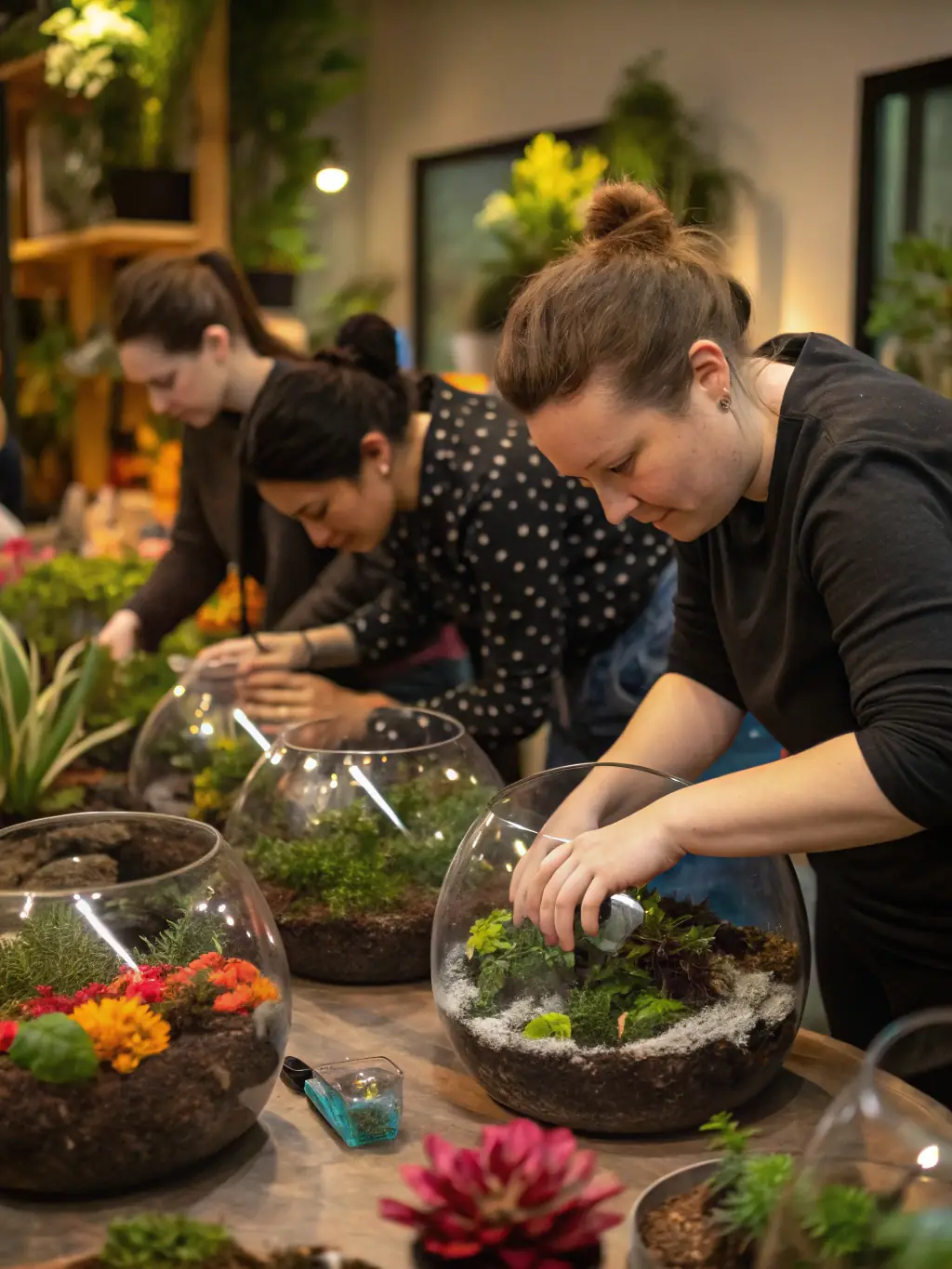 A workshop session where participants are learning about plant propagation techniques, specifically for Ilex varieties, with expert guidance and practical demonstrations.